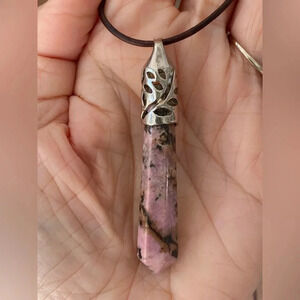 Handmade Rhodonite Obelisk Pendant Leather Slider Necklace